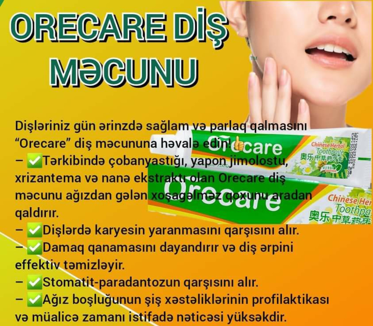 Orecare diş məcunu Orecare diş məcununun əsas tərkibi hamar sarkanda, yapon