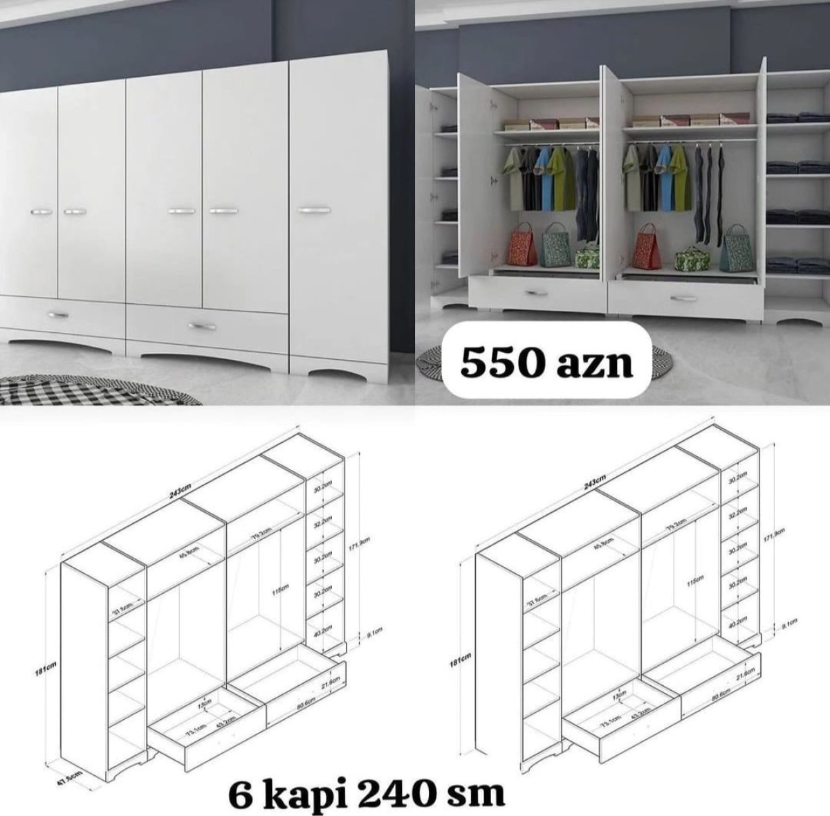 6Qapili Dolab 6Qapili Dolab Sifarişlə hazırlanır Rəng seçimi var Ölçü