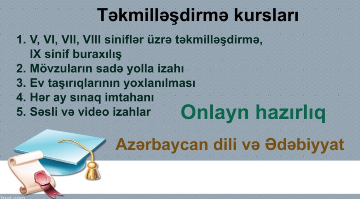 Azərbaycan dili və Ədəbiyyat fənlərindən hazırlıq Onlayn hazırlıq 5,6,7,8,9 cu siniflər üçün onlayn hazırlıq.