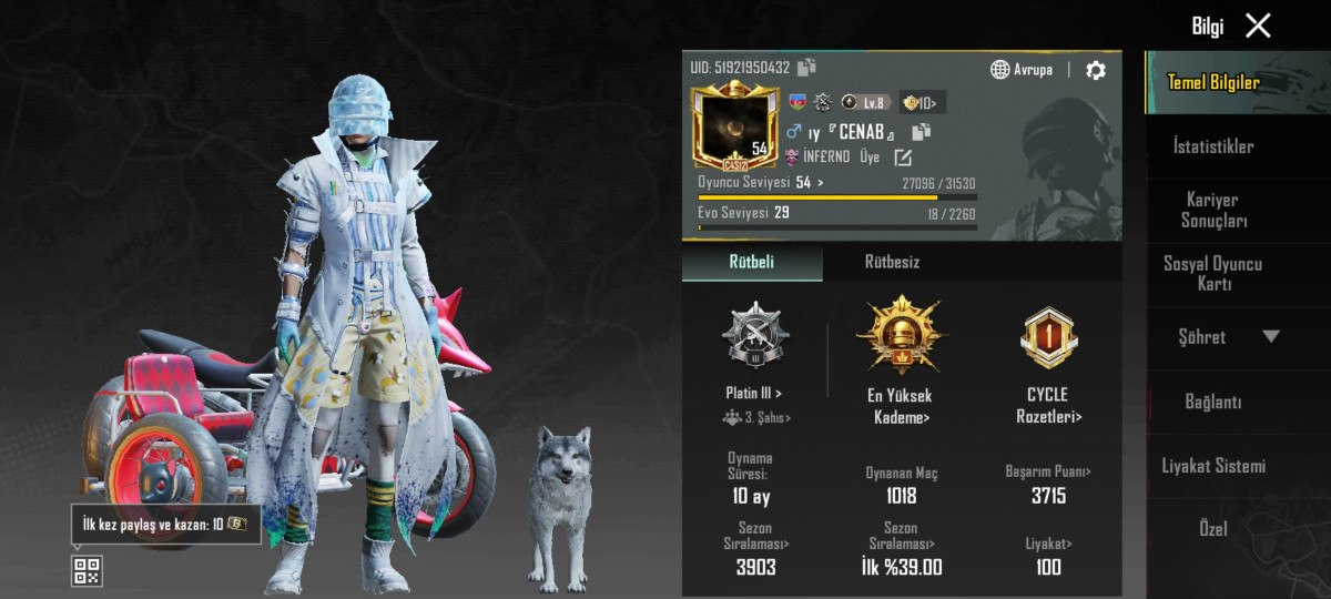 Pubg Mobile Hesab Fatih olub, 360 Uc var hesabda, tecili pula ehtiyac
