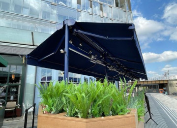 Motorlu markiza. Kasetli markiza. Acılan tent. Kasetli tent