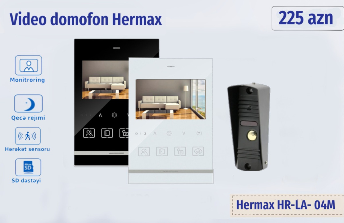 Damafon Hermax HA-04M Kit ✅Hərəkət detektoru ✅MP3 melodiyanın dəstəkləməsi. ✅Ekran