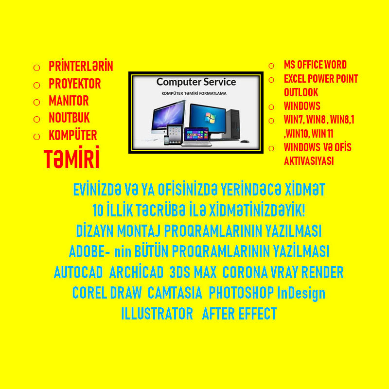 Hər növ kompüter printer proyektor təmiri Hər növ kompüter printer proyektor təmiri İstənilən