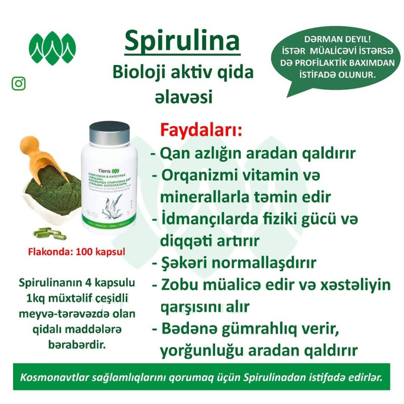 Spirulina-Şiş,Dəmir-Qan Azlığı,Qiçs,İltihab,Oynaq,Göz,İnsult,Bağrsaq,Dəri,Saç,Travma,Çəki “ Spirulina ”-Yenidən Az Sayda Satışda.ŞOOOOK ENDİRİM !
