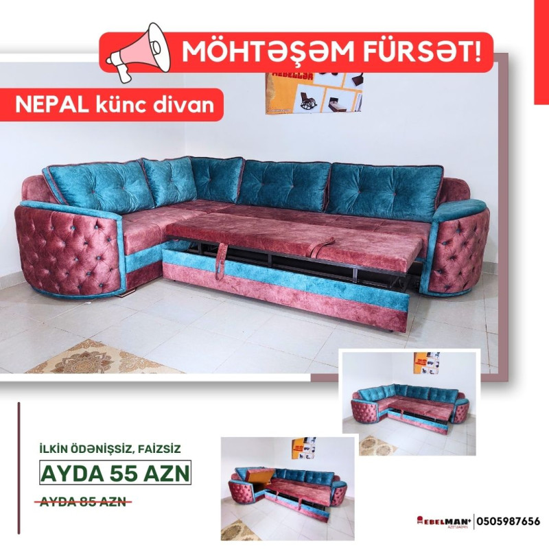 Künc divan Nepal KREDİTLƏ | ŞOK QİYMƏTƏ Kreditlə belə daha ucuz. Nə az nə çox 540₼ endirimlə Yeni