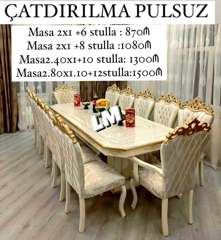 Stol stul desti *Möhtəşəm masa dəsti*👑 *Yüksək keyfiyyətlə* Masa 2x1 +6