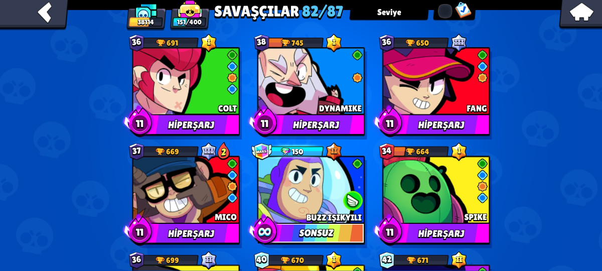 Brawl stars 38k kupali 82 karakterli bol kostyumlu hipersarjlari olan