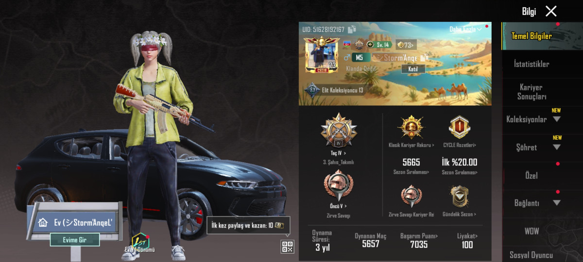 Pubg Mobile hesab 14 yukselen silah Ak 3 Midilli 2 Ump 4 + killchat rp