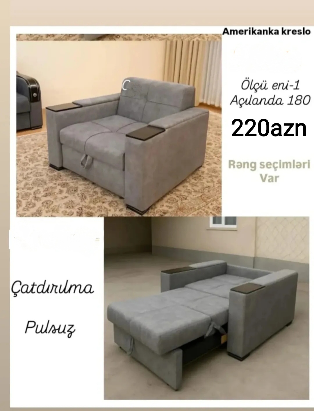 Amerikanka kreslo Sifarişlə hazırlanır Rəng seçimi var Ölçü