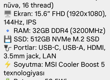 MSİ Pulse GL 66 notebookudur. Güclü parametrlərlədir özüm