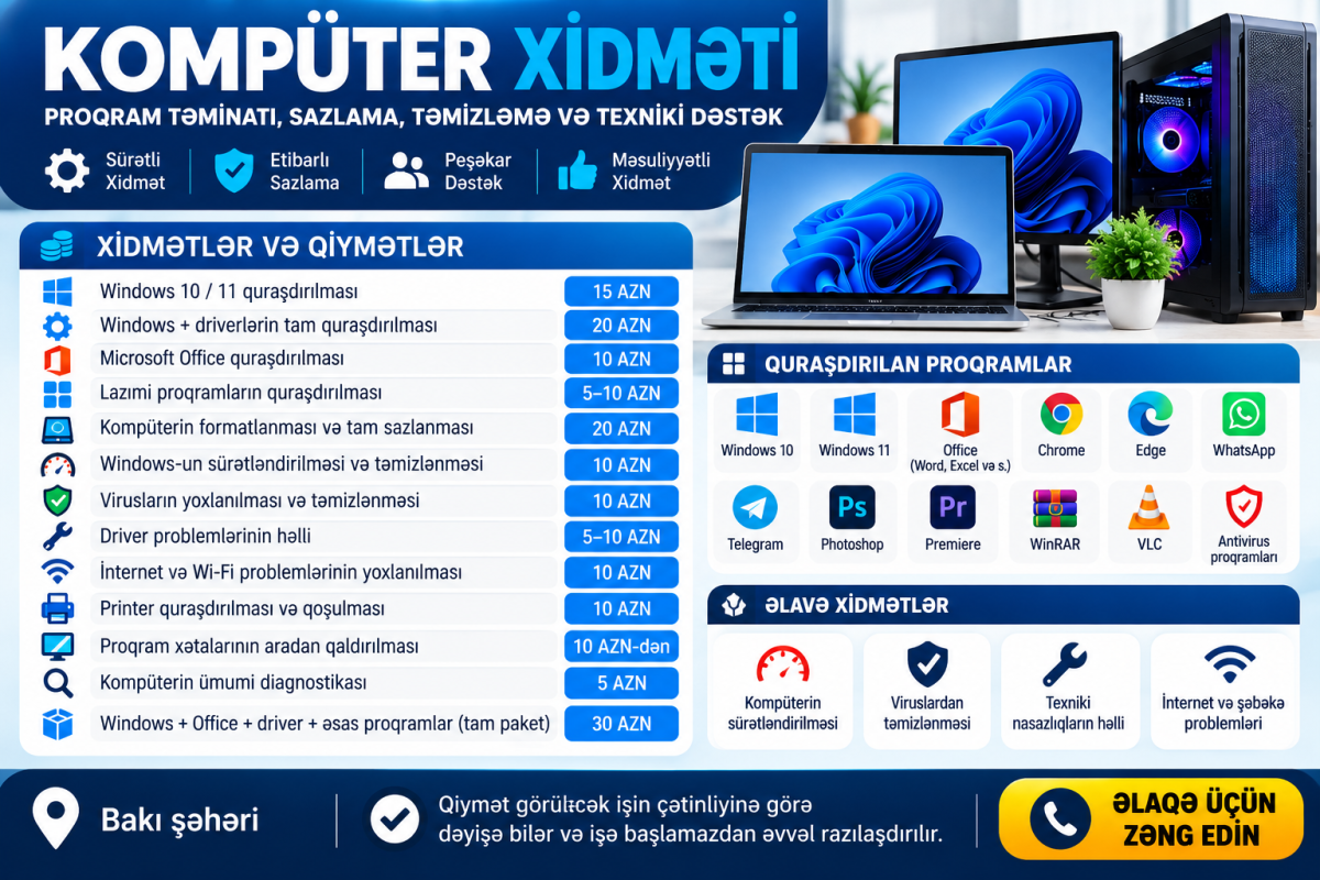 Xidmətlər və qiymətlər: • Windows 10 / 11 quraşdırılması —